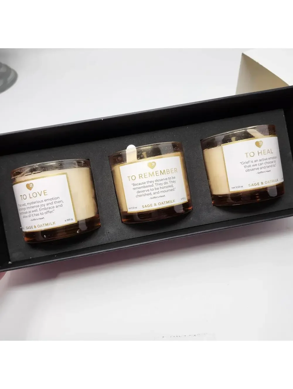 Griffin’s Heart Memorial Candle Gift Set Sage & Oatmilk 3 Pack